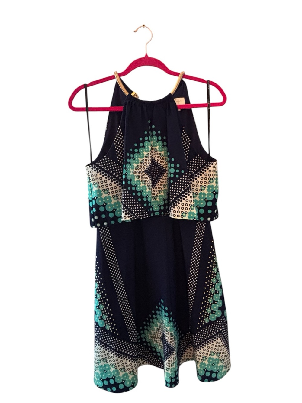 Jessica Simpson Navy Halter Midi Dress with Teal and Cream Dot Print Size 8